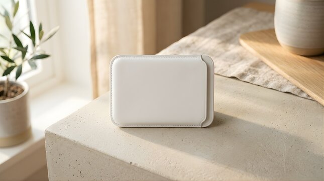 Blank white rectangular plastic device shell resting on concrete surface home interior technology mockup template design