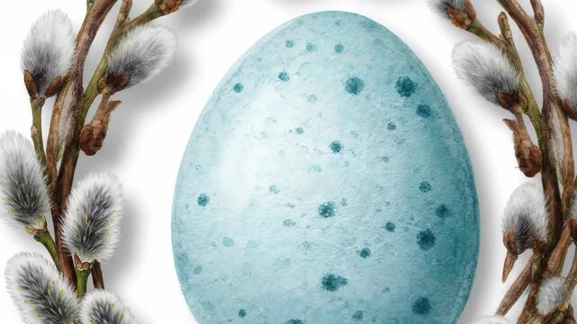 Speckled blue easter egg surrounded by pussy willow branches isolated on white background