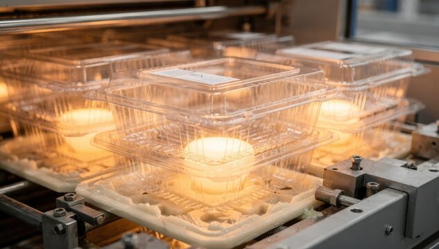 Close medium view of deep thermoformed clamshell salad containers being molded with heated plastic sheets highlighting durable design for fresh produce storage.