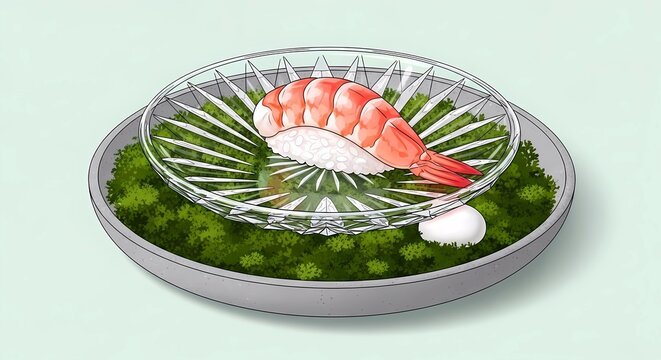 Crystal Glass and Moss Bed. single ebi nigiri (shrimp) as a pink opal, served on a clear crystal glass plate, the plate resting on a bed of fresh green moss (koke)