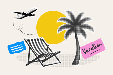 Fototapeta na wymiar Summer vacation collage with beach chair, palm tree, airplane and sun in retro halftone style, trendy travel illustration with lettering for poster, banner and branding.
