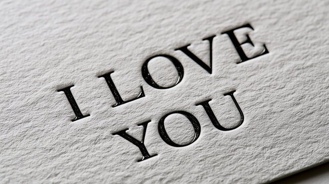 Close up of I Love You message stamped on textured white paper background