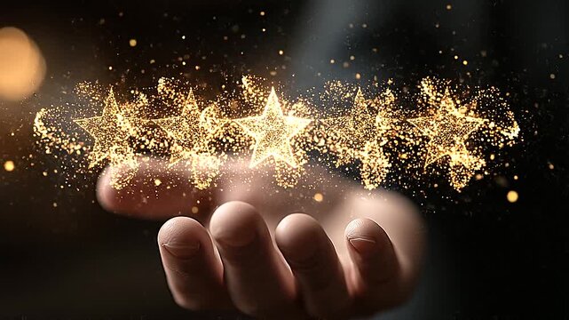 Five star rating concept, hand holding glowing golden stars, customer feedback, premium quality service, top review, client satisfaction, excellent experience evaluation