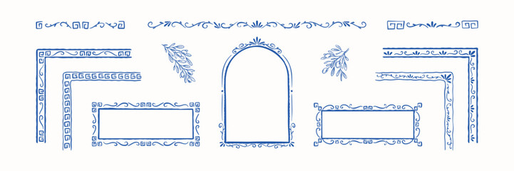 Set of hand drawn doodle greek style rectangle and arch shape frame, text box, corner, divider, separator. Mediterranean greek key pattern, floral motif boarder for wedding invitation, tavern menu © Kseniia
