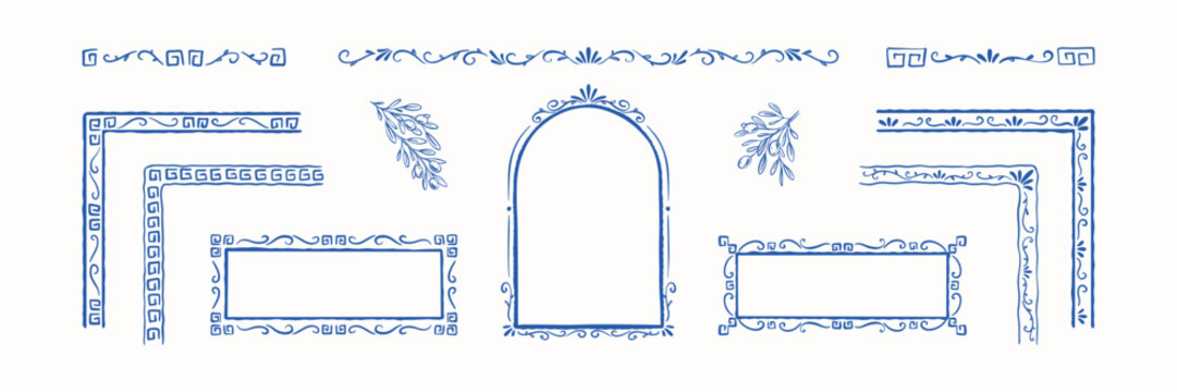 Set of hand drawn doodle greek style rectangle and arch shape frame, text box, corner, divider, separator. Mediterranean greek key pattern, floral motif boarder for wedding invitation, tavern menu