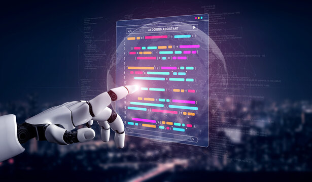 A robot hand engages with a vibrant AI coding assistant interface, showcasing futuristic technology against a dynamic urban backdrop filled with digital elements. Cyphers