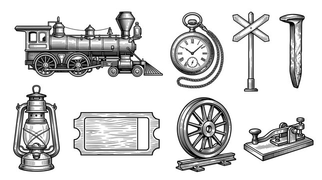 Vintage Railroad Vector Illustration Set Featuring Steam Locomotive, Pocket Watch, Lantern, Telegraph Key, and Train Ticket in Engraving Woodcut Style