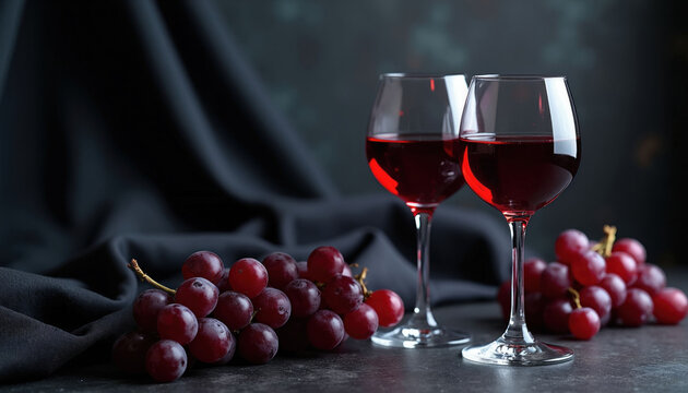 Two glasses of red wine sit near ripe red grapes on a dark background. The elegant arrangement suggests a celebration, wine tasting, or a sophisticated meal experience.
