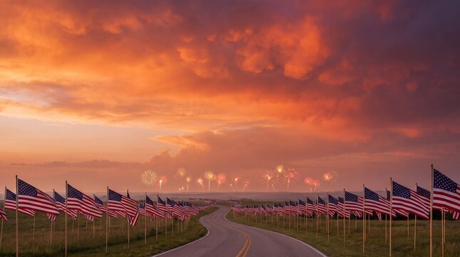 Winding Road Lined with American Flags and Fireworks at Sunset