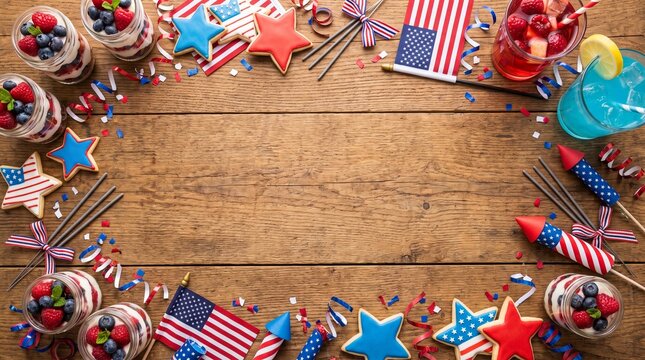 Patriotic Fourth of July Food and Decorations on Rustic Wood