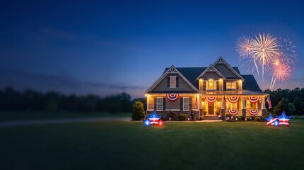 Fototapeta premium Suburban House Decorated for Independence Day with Fireworks at Night