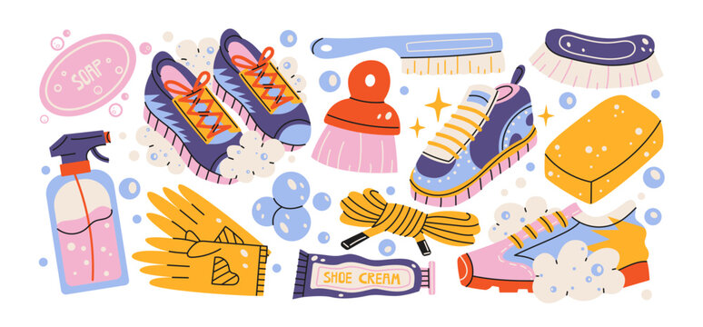 Sneaker cleaning cartoon stickers, shoe cleaning doodles with sneaker care supplies, sneaker laundry, footwear cleaning, brush, soap, shoe cream and retro groovy cleaning elements