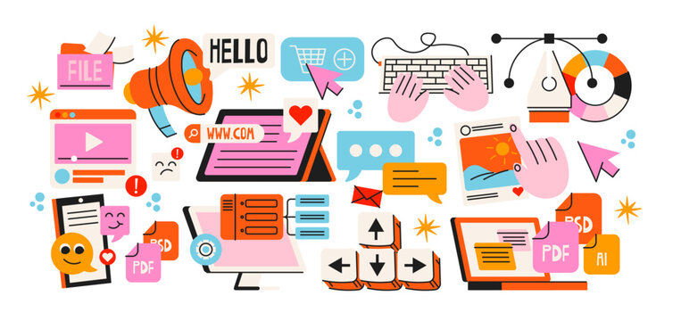 Digital marketing cartoon stickers, online business doodles with website, social media, content creation, graphic design, web development, file management and retro groovy workspace elements