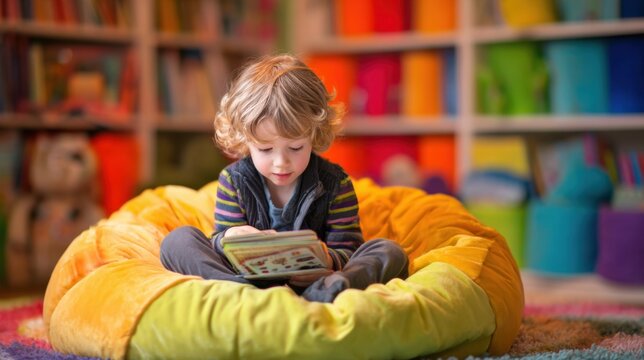 Cozy reading nook featuring a child on a beanbag deeply engaged in phonics flashcards with softly blurred colorful bookshelves in the background.