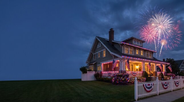 Patriotic Celebration with Fireworks over a Decorated Suburban Home