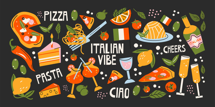Italian food and culture stickers set in retro cartoon style.La dolce vita elements: pizza, pasta, wine, tomato. Illustration in funky, doodle style, trendy Amalfi coast labels set.