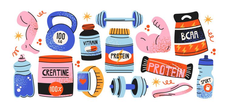 Fitness nutrition, sports supplements cartoon stickers, gym workout essentials, retro groovy bodybuilding collection with protein, creatine, vitamins, BCAA, dumbbells and training equipment