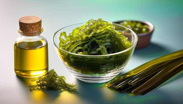 glass bowl filled with vibrant nutrient rich regenerative kelp and seaweed products next to a small bottle of algae oil