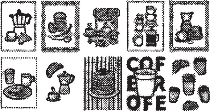 Coffee vector icons set including cup, coffee maker, espresso machine and beans in halftone style for graphic design and illustration purposes