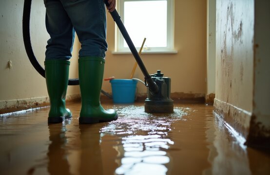 Person in green boots uses submersible pump to remove dirty water from flooded basement. Debris and water stains visible on walls. Cleanup work in progress.