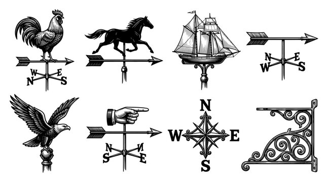 Vintage Weather Vane and Wind Direction Indicator Icons Set, Traditional Engraving Style Vector Illustration of Rooster, Horse, Eagle, Sailing Ship, and Compass Rose
