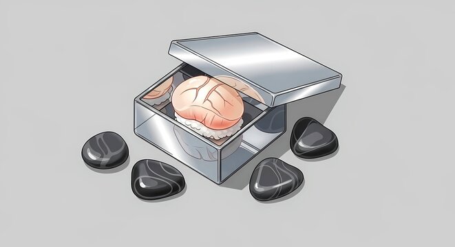 Mirrored Box with River Stones. single hotate scallop nigiri as a pearl, presented inside a mirrored box (kagami-bako) open lid reflecting the scallop