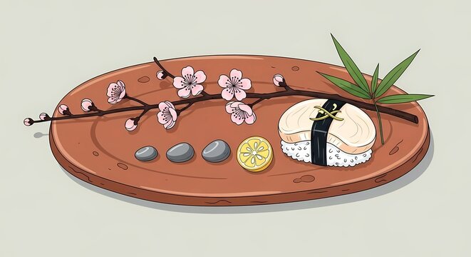 Stone Garden Ikebana. single hotate scallop nigiri with yuzu zest on an oval rough clay plate, featuring an ikebana inspired composition