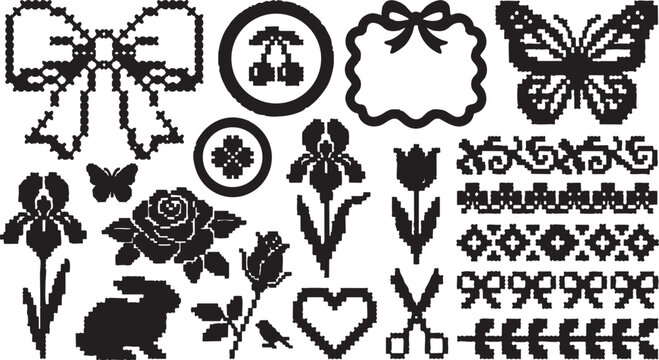 Black pixel art floral and decorative elements vector graphic illustration set including flowers, butterflies, bows and frames for design and craft projects