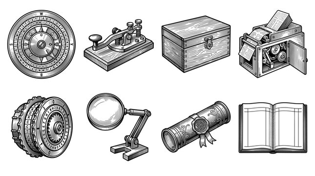 Vintage Cryptography and Historical Communication Vector Illustration Set. Engraving style icons of cipher disks, telegraph key, mechanical punch machine, magnifying glass, and secret documents.