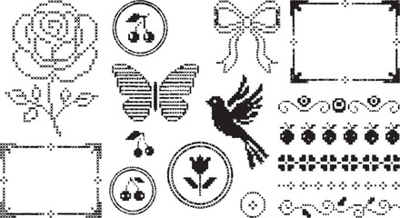 Black and white vector illustration set of vintage floral and insect designs with geometric patterns and frames for graphic design and decoration purposes © Ajoy