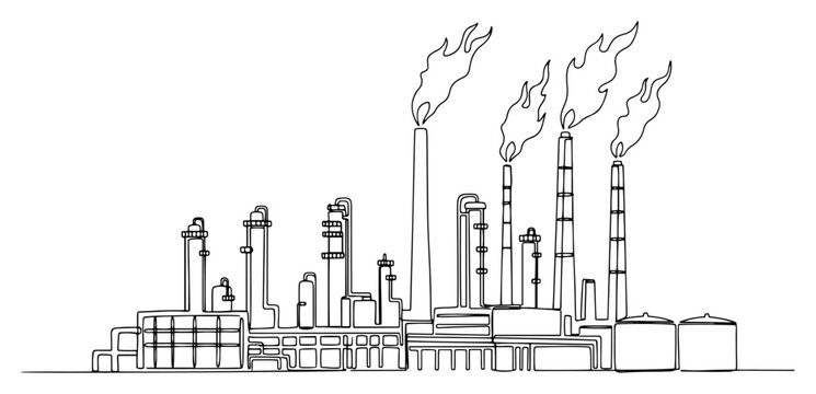 Industrial factory plant with smoking chimneys, manufacturing and oil refinery concept in continuous line art
