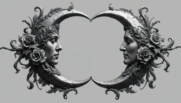 Two ornate crescent moons face, framing profiles of regal women with floral headdresses. Monochrome design element features intricate details, classical motifs, suitable for elegant branding artistic