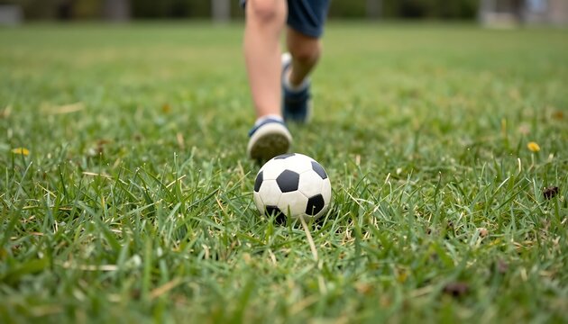 Close-up shot of a classic black-and-white soccer ball resting on lush green grass, with a player&rsquo;s leg and foot in motion approaching the ball, capturing the anticipation of a kick during an outdoor 