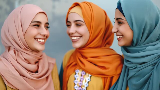Three diverse Muslim women friends laughing together, sisterhood and friendship concept, modest fashion and traditional clothing, multicultural unity, joy and empowerment, warm natural lighting, lifes