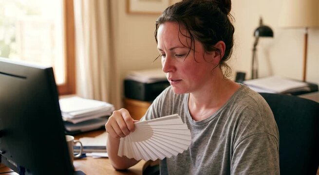 Woman using white hand fan at desk. Overheated female worker in office struggling with heat stress. Cooling solution in home office, lifestyle climate control.