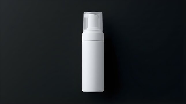 Isolated white cosmetic foam bottle with clear cap for liquid soap or facial cleanser mockup on dark background