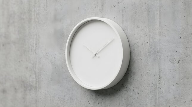 Minimalist white wall clock mounted on a rough grey concrete wall texture representing time management and punctuality