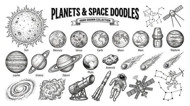 Captivating hand-drawn set of celestial objects, solar system planets, and space exploration for astronomy illustrations
