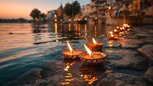 Traditional ritual candles on riverbank, spiritual atmosphere at sunset, ancient riverside custom, cultural heritage, religious offering, peaceful waterside, site, travel