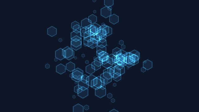Abstract blue hexagons floating on dark background, technology concept