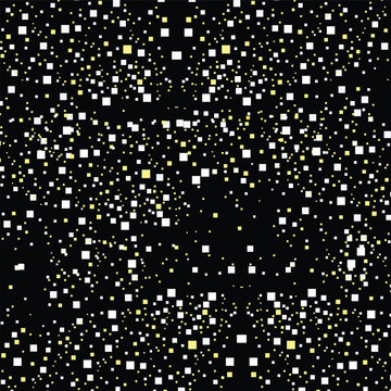 Abstract black background with scattered gold and white square pixels texture. Modern digital geometric halftone pattern vector illustration asset.
