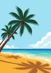 Tropical beach vector illustration featuring palm trees on sandy shore for summer holiday travel design background 4 © DOLARRIZ JHON