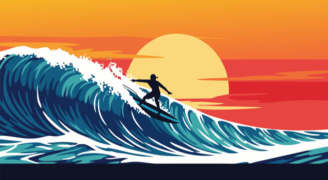 Surfer riding a big ocean wave vector illustration design background featuring a vibrant sunset art style perfect for travel graphics