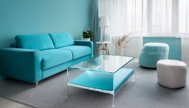 minimalist interior with ice like furniture and frosted glass table in pale blue modern room