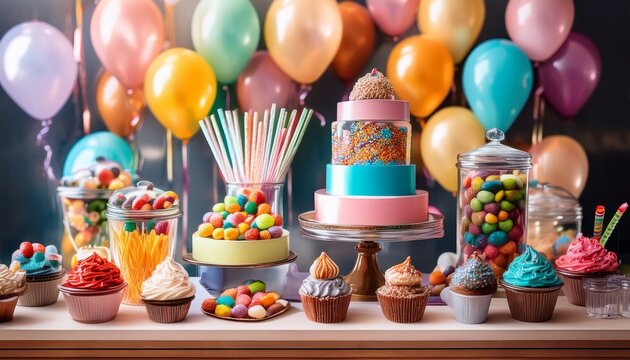 birthday party candy buffet with an array of sweets cupcakes and candy jars balloons and streamers in the background vibrant and joyful celebration copy space
