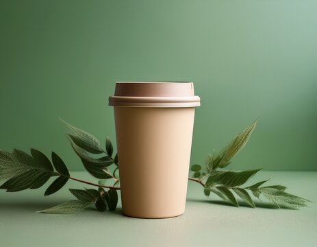 matte beige ceramic reusable coffee cup in calm eco lifestyle concept on pastel sage green background
