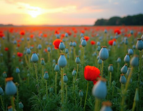 Vast field of poppies at sunset. Red flowers bloom among green stems and seed pods. Sky shows orange clouds. Nature in Europe during summer.