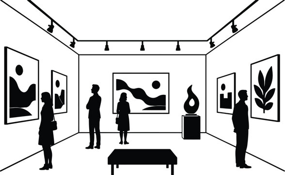 Art gallery interior with silhouettes of people and paintings vector illustration