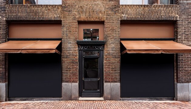 a black and brown shop front with large windows and brown awnings a black door is on the left side of an old brick building a blank wall could be used for display mockups black fra