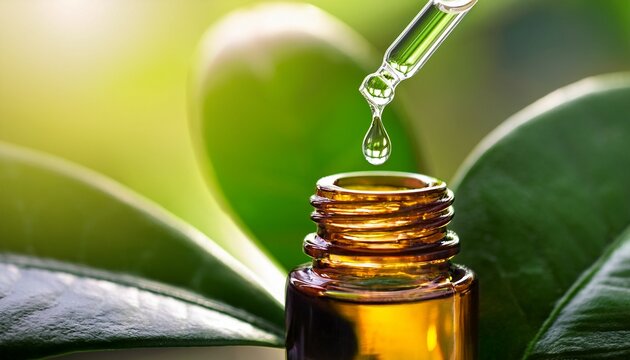 essential oil serum or water dropping from fresh green plant leaf to the cosmetic bottle or jar close up